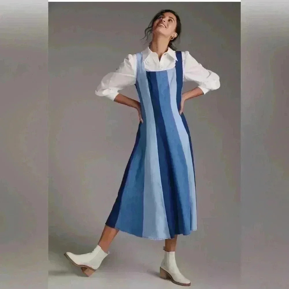 Farm Rio Anthropologie Midi Dress XS 0 2 Colorblock Denim Stripe Chambray $278